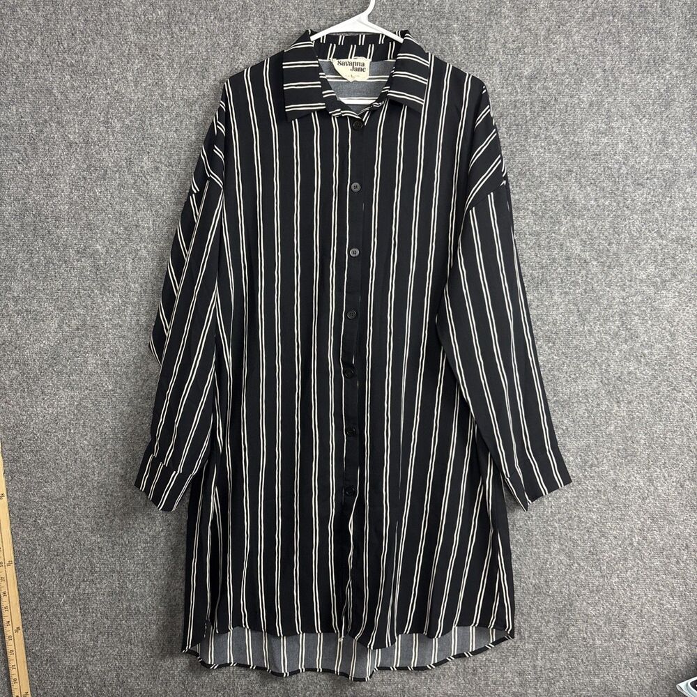 Savanna Jane Tunic Shirt Womens Size L Black Striped Dark academia Modern